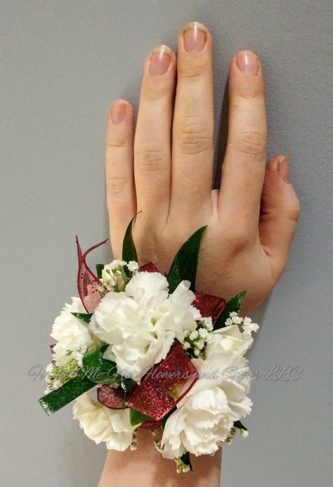 Corsage With Carnations, Carnation Corsage And Boutonniere, Corsage Carnation, Red And White Corsage, Carnation Corsage, Maroon Prom Dress, Prom Flowers Corsage, White Corsage, Prom Corsages