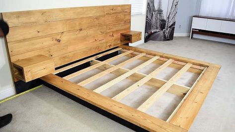 DIY Platform Bed With Floating Night Stands Tutorial - Its Overflowing Bed With Floating Nightstands, Floating Night Stands, Diy Bed Frame Plans, Floating Bed Diy, Diy Platform Bed Frame, Diy King Bed Frame, Floating Platform Bed, Floating Nightstands, Bed Frame Plans