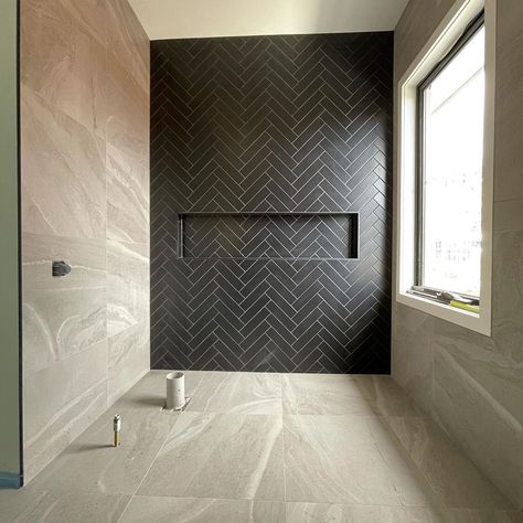 Triple T Professional Tiling on Instagram: “🔥🔥🔥FF bathroom & master en-suite done and dusted for @c_kon_pty_ltd using 600 x 600mm porcelain tiles & 300 x 75 herringbone feature wall .…” En Suite Inspiration, Black Wall Tiles Bathroom, Black Herringbone Shower Tile, Bathroom With Feature Tiles, Feature Tile Bathroom, Black Feature Wall Bathroom, Black Ensuite Bathroom, Herringbone Feature Wall Bathroom, Large Tile In Shower Ideas