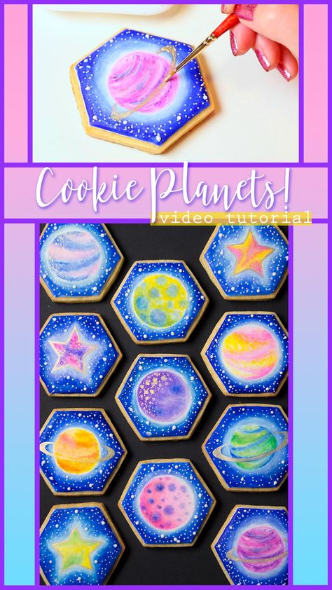 Learn to create your own cookie planet in this video tutorial! Planet Cookies, Fairy Cookies, Fancy Sweets, Space Cookies, Galaxy Cookies, Galaxy Birthday, Galaxy Cake, Cookies Theme, Decorated Cookies Tutorial