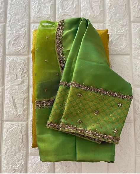 Parrot Green Maggam Work Blouse, Green Blouse Designs For Saree Silk, Light Green Blouse Designs, Green Color Blouse Designs, Green Colour Blouse Designs, Green Silk Blouse Designs, Green Blouse Aari Work Designs, Simple Latest Maggam Work Designs, Green Blouse Designs