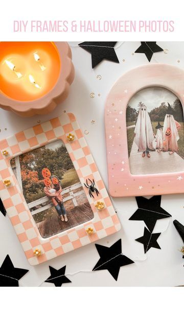 Amanda on Instagram: "DIY frames and Halloween photos 🎃✨ I found ceramic frames for $3 @target and DIY’d them with acrylic paints, clay and glitter. On one frame I painted a sunset with stars and the other I painted a base color then used a ruler + pencil to create squares for the second color. Then I added pumpkin, ghost and witch hat clipart from @canva to some of our fall photos and printed them out on white cardstock. A fun and inexpensive way to make your family photos a little more spoo Halloween Craft Party For Adults, Sunset With Stars, Witch Hat Clipart, Disco Halloween, Hat Clipart, Target Halloween, Ceramic Framed, Halloween Frames, Diy D