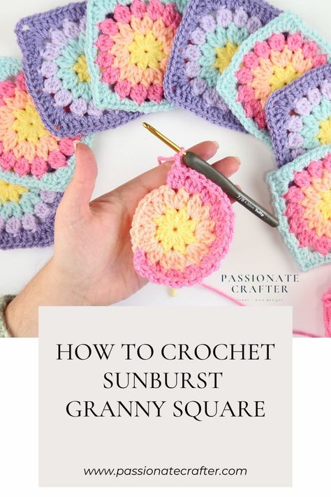 Crochet Sunburst, Sunburst Granny Square, Granny Square Crochet Patterns Free, Crochet Blanket Designs, Crochet Granny Square Blanket, Beginner Crochet Projects, Crochet Stitches For Beginners, Crochet Granny Square, Crochet Square Patterns