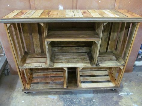 Outside Bar using pre-made crates. Maybe cover outside front with corrugated metal sheets or bamboo Wooden Crate Ideas, Wooden Crate Furniture, Wood Crate Furniture, Old Wooden Crates, Diy Wooden Crate, Crate Ideas, Old Crates, Diy Tv Stand, Crate Furniture