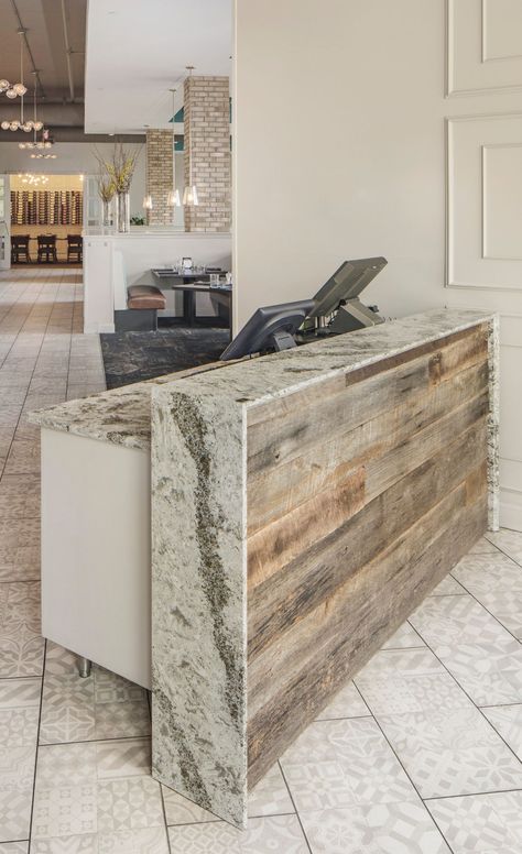 A striking #quartz design can even be used to add an extra touch of design flair to a desk or worktable. Modern Hotel Lobby, Hotel Reception Desk, Quartz Design, Curved Reception Desk, Cambria Countertops, Reception Desk Office, Reception Desk Design, Cambria Quartz, Reception Desks