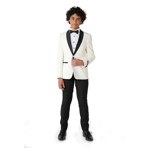 Boys 10-16 OppoSuits Jet Set Tuxedo | Kohls Formal Boys Outfit, Black And White Two Piece, White Tuxedo Jacket, Bow Tie Pants, Shoes Guide, Boys Tuxedo, White Tuxedo, Tuxedo Pants