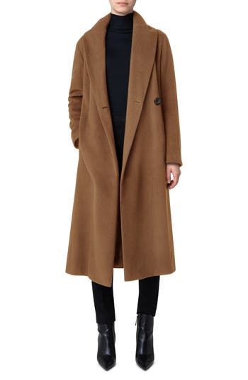 A substantial shawl collar enhances the sweeping silhouette of this wool-blend coat that comes with a coordinated waist tie. 47 1/2" length (size 6) Front button closure Shawl collar Side-seam pockets Removable waist tie 75% wool, 20% polyamide, 5% cashmere Dry clean Made in Romania Women's Designer Clothing Winter Wool Coat, Coats For Women Classy, Casual Denim Jacket Outfit, Camel Coat Outfit Classy, Tan Wool Coat, Girls Fall Fashion, Dark Academia Outfits, Indigo Design, Hooded Wool Coat