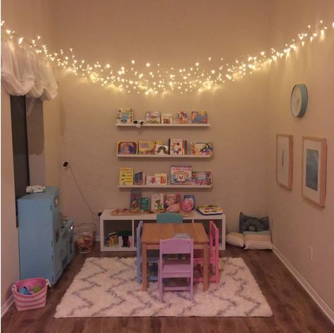 Playroom Twinkle Lights, Fairy Lights Playroom, Fairy Lights Toddler Bedroom, Fairy Lights Kids Bedroom, Fairy Lights Ceiling, Ikea Kids Room, Toddler Bedroom Girl, Girls Playroom, Kids Basement