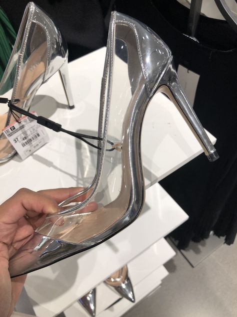 Glass slippers by Zara ❄️🌬 #cinderella #glassslipper #heels Glass Shoes High Heels Cinderella, Glass High Heels, Glass Shoes High Heels, Glass Heels Cinderella, Glass Slipper Heels, Glass Slippers, Glass Slipper Wedding Shoes, Cinderella Heels, Glass Heels