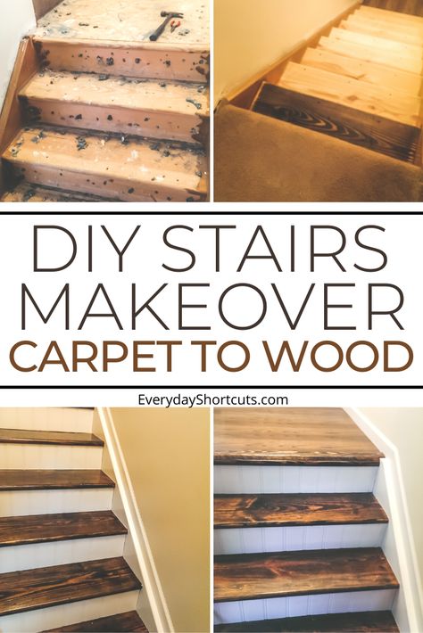 Turn your ugly stairs into something beautiful on a budget with this DIY Stairs Makeover: From Carpet to Wood step by step tutorial! Stairs Diy Renovation, Stairs Makeover Design, Diy Stairs Makeover, Redo Stairs, Diy Staircase Makeover, Stairs Makeover Ideas, Stair Renovation, Stairs Renovation, Stair Makeover