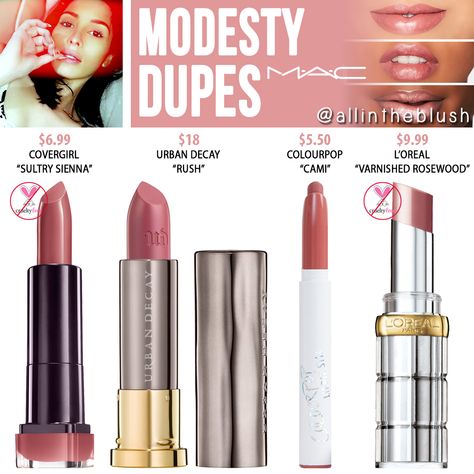 I have another MAC Cosmetics Lipstick dupe to share with you! The next shade up on the dupe list is “Modesty”, a muted neutral ... Mac Modesty Lipstick, Mac Modesty, Mac Twig, Makeup Tutorial Mac, Blush Mac, Beauty Hacks Eyelashes, Mac Cosmetics Lipstick, Lipstick Designs, Makeup Swatches