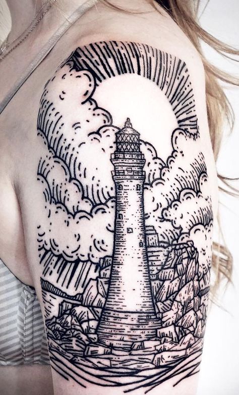 Lisa Orth Tattoo, Landscape Tattoos, Lighthouse Tattoo Meaning, Lighthouse Tattoos, Waterfall Tattoo, Realistic Owl Tattoo, Woodcut Tattoo, Medieval Tattoo, Lighthouse Tattoo