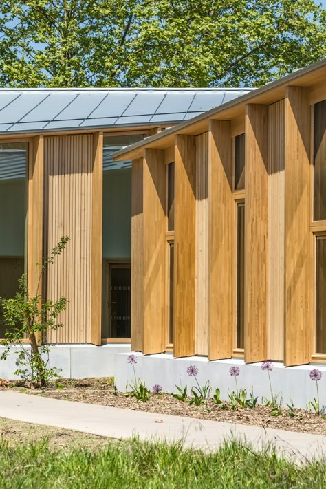 Mass Timber, Larch Cladding, Architectural Detailing, Wood Facade, Timber Roof, Public Architecture, Recreation Centers, Buddhist Temple, School Architecture