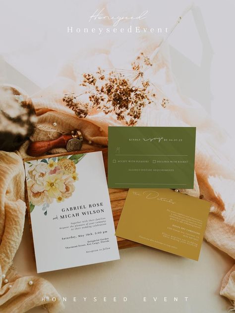 Mustard Wedding Invitations, Mustard Wedding Colors, Chartreuse Wedding, Khaki Wedding, Mustard Yellow Wedding, Marigold Wedding, Mustard Wedding, Autumn Couple, Green Wedding Decorations