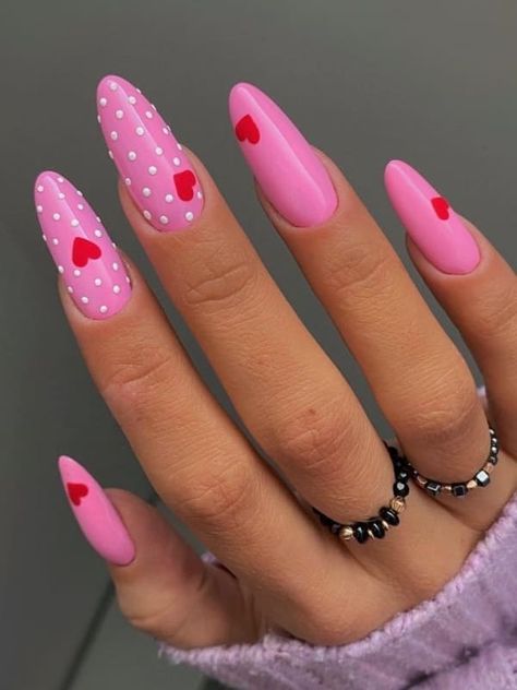 long, bright pink nail designs with dots and hearts November Nail Designs, Bright Pink Nails, Nail Courses, Heart Nail Designs, November Nails, Polka Dot Nails, Almond Shape Nails, Red Nail Designs, Dots Nails