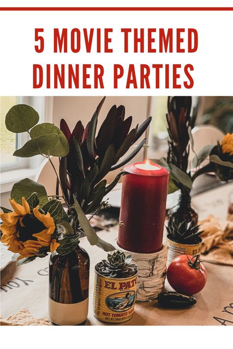 Create a fun night for friends around the table using any theme from your favorite movie! Movie Dinner Theme Night Adult, Themed Movie Night Ideas Adults, Movie Themed Dinner Ideas Adult, Movie Themed Dinner Ideas For Couples, Dinner Party Themes Ideas For Adults, Movie Themed Dinner, Movie Themed Dinner Ideas, Dinner Theme Ideas, Themed Dinner Nights