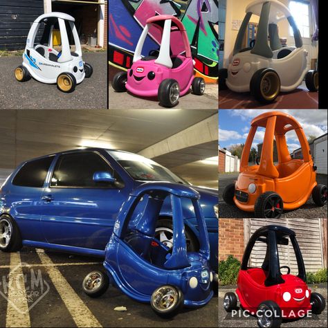 Customised little tikes cozy coupes by Kids Car Mods Little Tikes Makeover, Cozy Coupe Makeover, Racing Baby, Backyard Kids, Kids Car, Pedal Car, Trike Motorcycle, Power Wheels, Diy Kids Toys