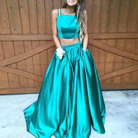 Turquoise Prom Dress, Green Long Prom Dress, Green Satin Prom Dress, Green Prom Dress Long, Two Piece Prom Dress, Two Piece Prom, Prom Dresses Simple, Two Piece Gown, Green Prom