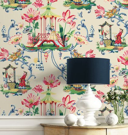 Colorful Chinoiserie, Harrison Howard, Wall Style, Toile Wallpaper, Pink Lake, Drops Patterns, Chinoiserie Wallpaper, Chinoiserie Chic, Peel Stick Wallpaper