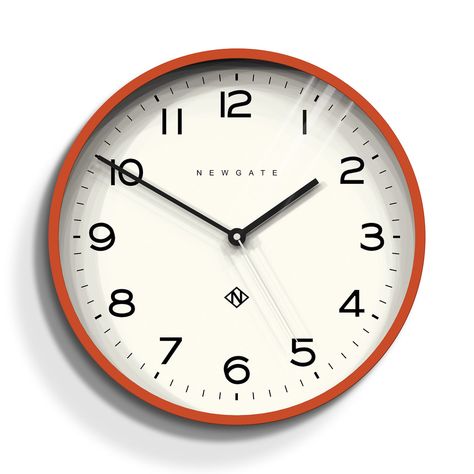 A bright orange wall clock with a modern graphic dial and a minimalist straight-cut case. The Echo wall clock is available in a range of colourful matt silicone finishes including our vibrant "Pumpkin Orange" option. A colourful wall clock is the ideal way to brighten up a room, whether that"s the kitchen, living room Newgate Clocks, White Mantel, Colorful Wall Clocks, White Wall Clocks, Clock Numbers, Bright Walls, Number Three, Kitchen Wall Clocks, Wall Clock Design