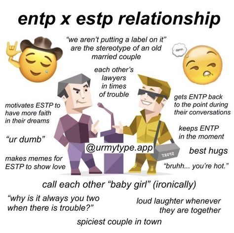 @urmytype.app What Is My Personality, Entp X Estp, Meyers Briggs Personality Test, Entp Personality Type, Myers Briggs Personality Test, Old Married Couple, Mbti Relationships, Best Hug, Myers Briggs Personality Types