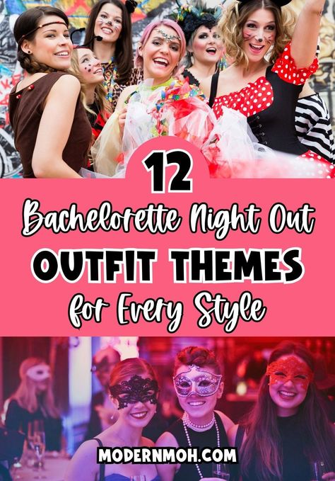 Check out these 12 bachelorette night out outfit themes! From sassy to classy, these bachelorette costume ideas will elevate the celebration. The bride tribe will love these bachelorette party themes outfits. Read our guide and find the perfect bachelorette costume themes to suit your bride squad now! | Hen Party Ideas Themed Bachelorette Party Ideas Outfits, Batchlorette Theme Outfits, Bachelorette Costume Ideas, Bachelorette Theme Nights Dress Up, Bachelorette Outfit Ideas Group, Bachelorette Night Out Outfit, Bachelorette Night Out Outfit Themes, Bachelorette Outfits Group, Bachelorette Party Themes Outfits