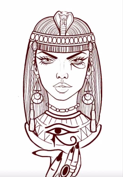 Cleopatra Line Art, Back Tattoo Outline, Cleopatra Drawing, Cleopatra Tattoo Design, Tattoo Cleopatra, Cleopatra History, Cleopatra Tattoo, Mum And Dad Tattoos, Egyptian Eye Tattoos