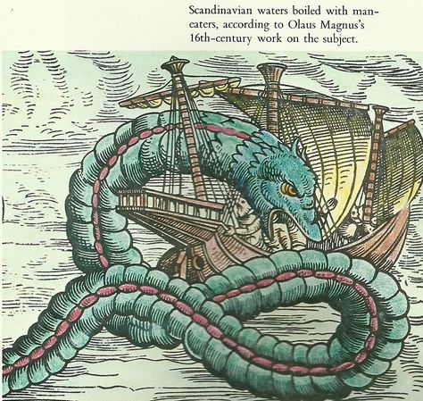 Classic woodcut sea serpent, here colorized from the book "Into the Unknown." Medieval Sea Monsters, Sea Serpent Illustration, Sea Monster Craft, Medieval Artwork, Monster Craft, Myths & Monsters, Jonah And The Whale, Sea Serpent, Vintage Sea