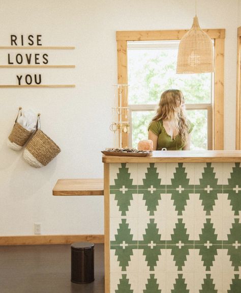 Boho Checkout Counter, Hair Salon Front Desk Ideas, Boho Receptionist Desk, Boho Hair Studio, Hair Salon Front Desk, Boho Hair Salon Front Desk, Salon Front Desk Ideas, Motel Front Desk, Holistic Beauty Salon