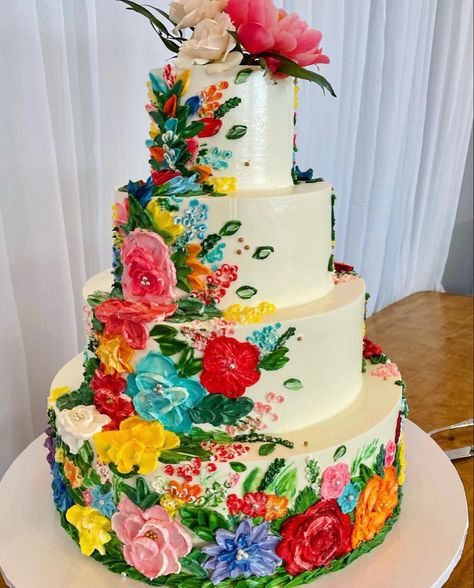 Colorful foral wedding cake frosting Fiesta Cakes, Mexican Fiesta Cake, Wedding Cake Frosting, Wedding Mexican, Mexican Wedding Cake, Quince Cakes, Mexican Cake, Quince Cake, Mexican Themed Weddings