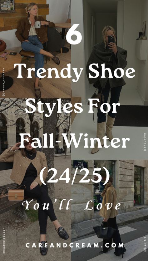 Shoe trends fall-winter 2024-2025. Discover the 6 hottest shoe trends for fall/winter and elevate your style! From rider boots and pretty ballet flats to chic loafers, this guide covers the latest in women shoes trends. Stay ahead in shoe fashion with these must-have pieces. Explore 2024 women’s shoe trends here! Shoes For This Winter, Versatile Winter Shoes, Shoes In Style Right Now, Trending Womens Shoes Winter, Winter Dress Shoe, Fashionable Flats For Women, Winter Boots 2024 Women, Winter Trends 2024/2025 Women, 2025 Boots Trend