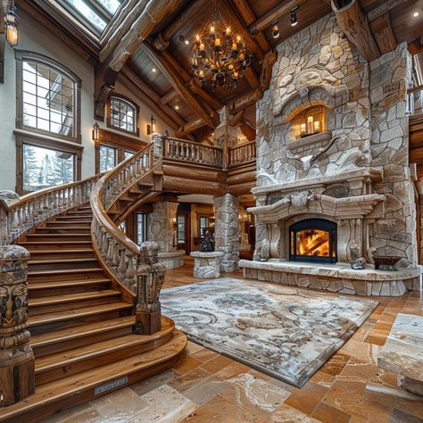 Cabin Mansion Interior, Fantasy Mansion Interior Art, Castle Bedroom Aesthetic Luxury, Winter Cabin Mansion Exterior, Big Beautiful Houses, Stone Cabin, Castle Stairs Grand Staircase, Luxury Mansions Interior, Beautiful Bedroom Decor