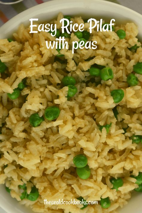 Easy Rice Pilaf with Peas Recipe - These Old Cookbooks Basmati Rice Recipes Easy, Chickpea And Rice, Basmati Rice Pilaf, Vegetable Rice Pilaf, Easy Rice Pilaf, Brown Rice Pilaf, Basmati Rice Recipes, Rice Pilaf Recipe, Rice Side Dish Recipes