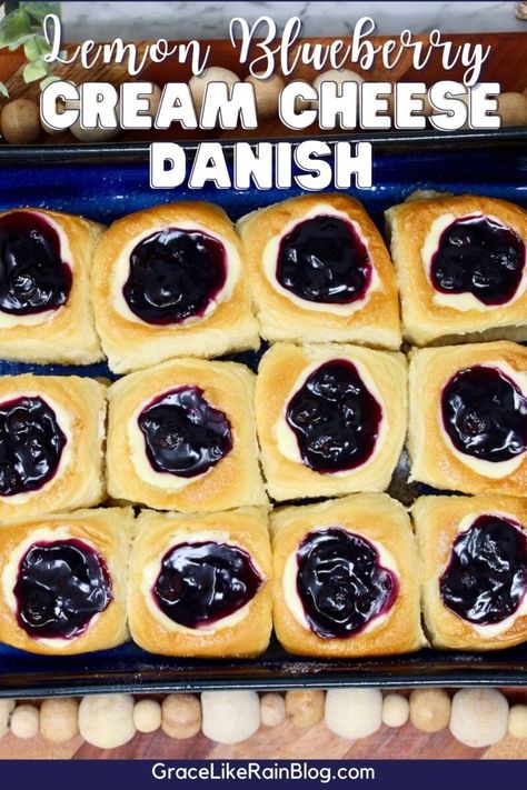 Lemon Blueberry Hawaiian Roll Cream Cheese Danish Recipe - Grace Like Rain Blog Blueberry Danish, Cream Cheese Danish Recipe, Cheese Danish Recipe, Family Breakfast Recipes, Danish Recipe, Tropical Desserts, Hawaiian Roll, Cream Cheese Danish, Cheese Danish