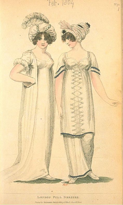 Full Dresses, February 1804, Fashions of London & Paris Regency Overdress, 1800s Womens Fashion, Late Modern Period, 19th Century Dresses, Western Womens Fashion, Regency Era Fashion, 1800s Fashion, Regency Dress, Regency Fashion