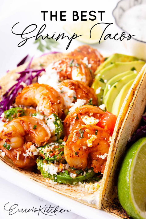 Juicy shrimp with Mexican inspired spices and fresh cilantro, served on a flour tortilla with a lime crama. Quick, easy, and extremely satisfying.

This easy, spicy shrimp tacos recipe is great for busy nights! Serve alongside guacamole and homemade salsa for a fresh, spicy meal everyone will love.  The perfect recipe for your taco tuesday dinners!

Head to errenskitchen.com for easy, delicious, and even quick recipes for breakfast, lunch, dinner, drinks, and desserts! Easy Shrimp Tacos Simple, Shrimp Taco Seasoning, Prawn Tacos, Shrimp Tacos Recipe, Spicy Grilled Shrimp, Taco Tuesday Recipes, Shrimp Tacos Easy, Tuesday Recipes, Spicy Shrimp Tacos