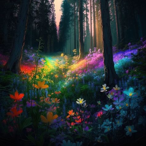 Field of wildflowers glowing with different colors of the rainbow in an enchanted forest, creating a surreal and magical atmosphere. Each flower seems to radiate with light, producing a sea of vibrant colors from deep blues to fiery reds and everything in between. Walk through this wondrous place and experience the magic for yourself. Rainbow Forest Aesthetic, Colorful Forest Aesthetic, Fairy Garden Background, Magical Forest Aesthetic, Druid Aesthetic, Forest Witch Aesthetic, Magical Woods, Rainbow Forest, Book Cover Background