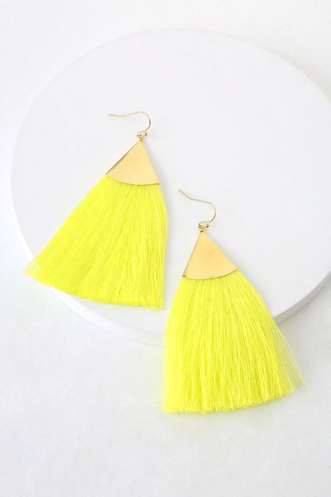 Cute Neon Yellow Earrings - Tassel Earrings - Boho Earrings Ear Jacket Earring Gold, Gold Ear Crawlers, Nice Rings, Yellow Tassel Earrings, Neon Jewelry, Plate Setting, Gold Ear Climbers, Gold Ear Jacket, Earrings Tassel