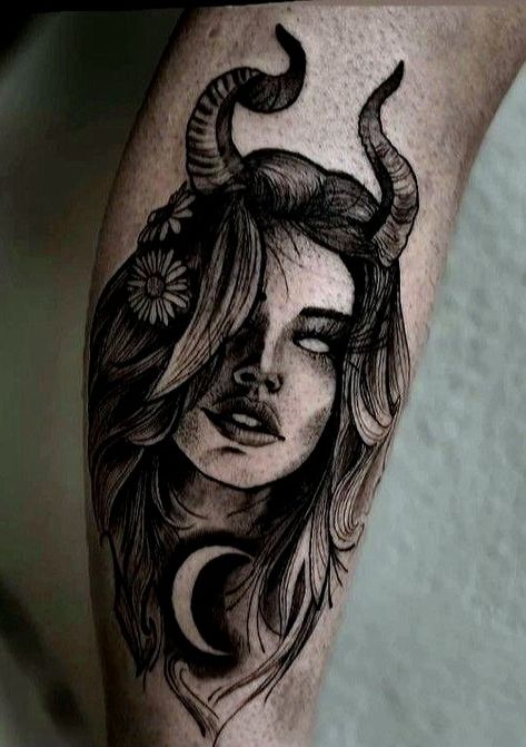 Witchy Pinup Tattoo, Aries Girl Tattoo, Taurus Girl Tattoo, Malificent Tattoo Design, Female Devil Tattoo, Demon Woman Tattoo, Lilith Tattoos, Lilith Tattoo Ideas, Lilith Tattoo Design