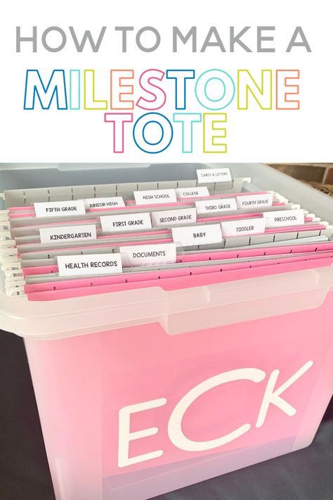 Milestone totes are perfect for storing all of your child's memories and keepsakes! This post will walk you through how to create your own in a nap time or less! It also makes a great baby shower gift! Child Keepsake Storage, Cricut Baby Shower Gifts, Cricut Baby Gifts, Snack Basket, School Keepsake, Kids Milestones, Keepsake Storage, Basket Tag, Cricut Baby