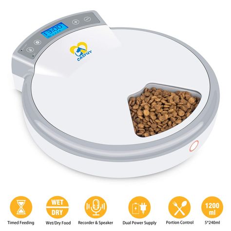 Casfuy 5-meals Automatic Cat Feeder - Auto Pet Feeder with Programmable Timer Dry and Wet Food Dispenser Voice Recorder and Speaker for Cat and Small Medium Dog Portion Control Dual Power Supply 5x240ml>>> Find out more about the great product at the image link. (This is an affiliate link) #catpetsupplies Auto Cat Feeder, Pet Food Dispenser, Food Dispensers, Automatic Cat Feeder, Automatic Feeder, Food Dispenser, Cat Feeder, Medium Dog, Voice Recorder