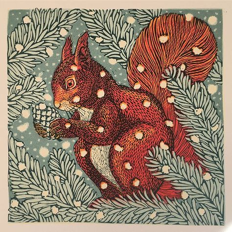 Vanessa Lubach Linocuts on Instagram: “Printing the last layer of another small batch of Red Squirrels this lovely October morning. The low light is streaming in, warming my back…” Linoleum Prints, Squirrel Illustration, Squirrel Art, Linocut Art, A Squirrel, Red Squirrel, Lino Print, Linoleum, Linocut Prints