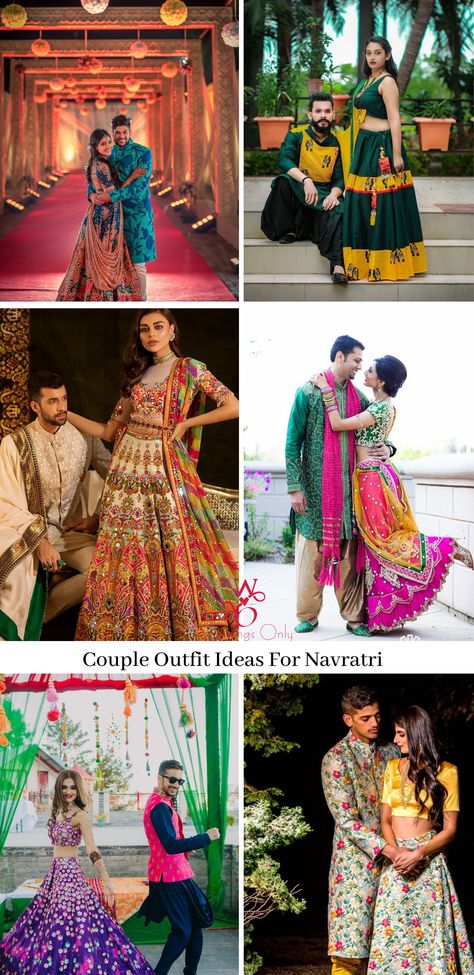 Planning to coordinate outfits with bae for the garba night? Take some outfit inspiration from here! #navratri #navratrioutfit #coupleoutfits #garbanight #garbnightoutfit #coupleoutfitsforgarba #gujratidress #lehengadesigns #latestlehenga #garbadress Navratri Couple Outfits, Garba Dress Gujarati, Navratri Poses, Indian Beach Wedding, Navratri 2023, Wedding Outfits Indian, Coordinate Outfits, Lehenga Inspiration, Garba Night