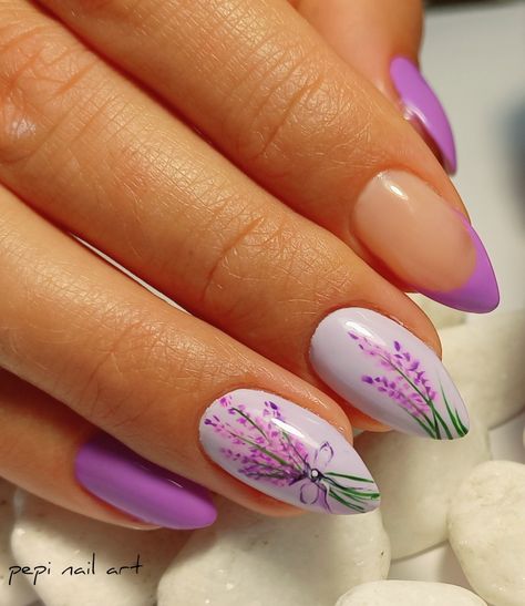 Lilac Flower Nails Design, Pansy Nails, Iris Nails, Crazy Nail Designs, Nail Piercing, Line Nail Art, Lilac Nails, Lavender Nails, Sage Wedding