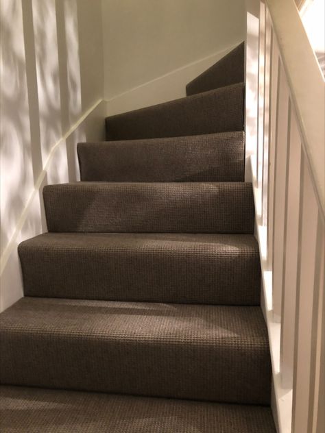 Dark Stair Carpet Installation in Barnes Dark Stairs Carpet, Brown Stair Carpet, Brown Carpet Stairs, Dark Carpet Stairs, Dark Brown Carpet, Communal Area, Stair Renovation, White Stairs, Dark Carpet