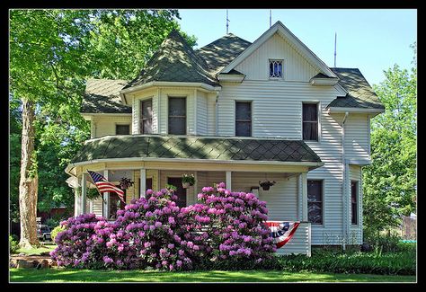 Older farmhouse with rhododendrons, Hickory Corners, Michigan Curb Appeal Plants, Rhododendron Plant, Plants Pictures, Foundation Planting, Front Landscaping, Roof Lines, Garden Shrubs, The Porch, Landscaping Plants