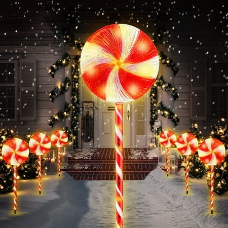 Lighted Christmas Decor, Solar Powered Christmas Lights, Christmas Pathway Lights, Lollipop Design, Cedar Room, Christmas Lollipops, Flickering Lights, Holiday Display, Light String