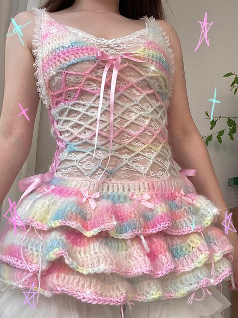 Rainbow Crochet Outfit, What To Crochet With Rainbow Yarn, 90s Crochet Fashion, Pastel Rainbow Clothes, Rainbow Dress Aesthetic, Crochet Cute Clothes, Trans Crochet, Crochet Fairy Dress, Crochet Ideas Clothes