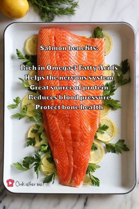 Salmon benefits: Rich in Omega-3 Fatty Acids Helps the nervous system Great source of protein Reduces blood pressure Protect bone health #salmon #omega3fattyacids #nervoussystem #goodprotein #bloodpressure #BoneHealth #cookafterme Salmon Benefits, Source Of Protein, Omega 3 Fatty Acids, Best Protein, The Nervous System, Protein Sources, Bone Health, Omega 3, Nervous System