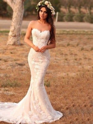 Trumpet/Mermaid Sweetheart Sleeveless Lace Applique Sweep/Brush Train Wedding Dresses - Wedding Dresses - Hebeos Wedding Dresses Country, Sleeveless Wedding Dresses, Dresses Country, Wedding Dress Mermaid, Train Wedding Dresses, Wedding Dress Train, Country Wedding Dresses, Outfit Trends, Long Bridesmaid Dresses